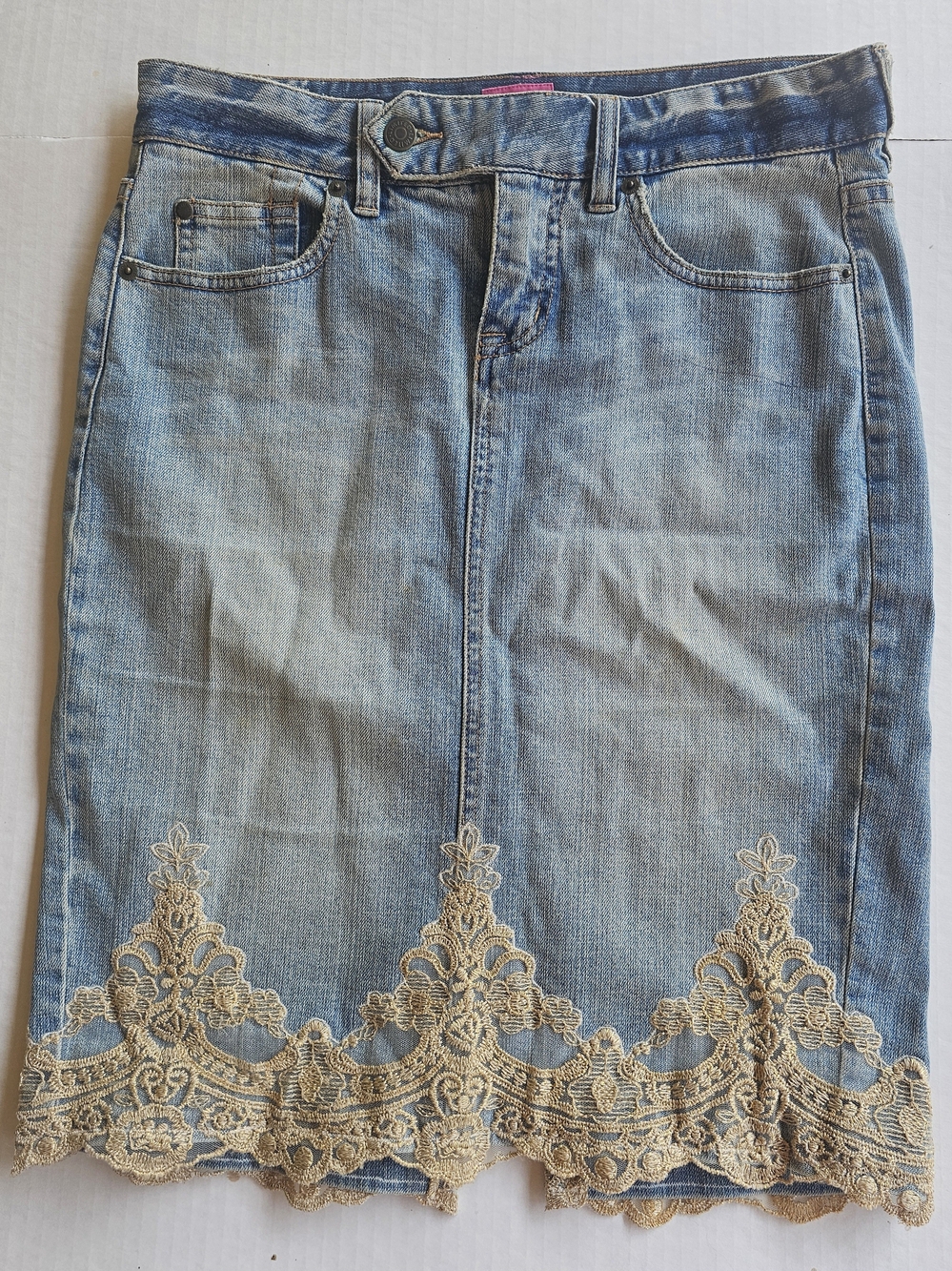 The Limited Blue Denim Skirt with Cream Lace Trim
